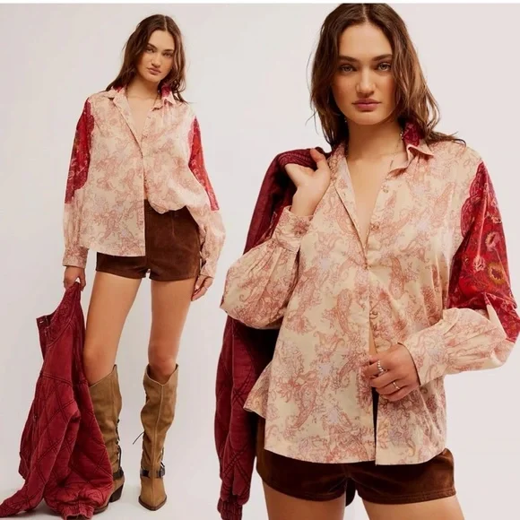 Free People Rose Bud Paisley Cotton Button Up Shirt top blouse - Picture 1 of 6